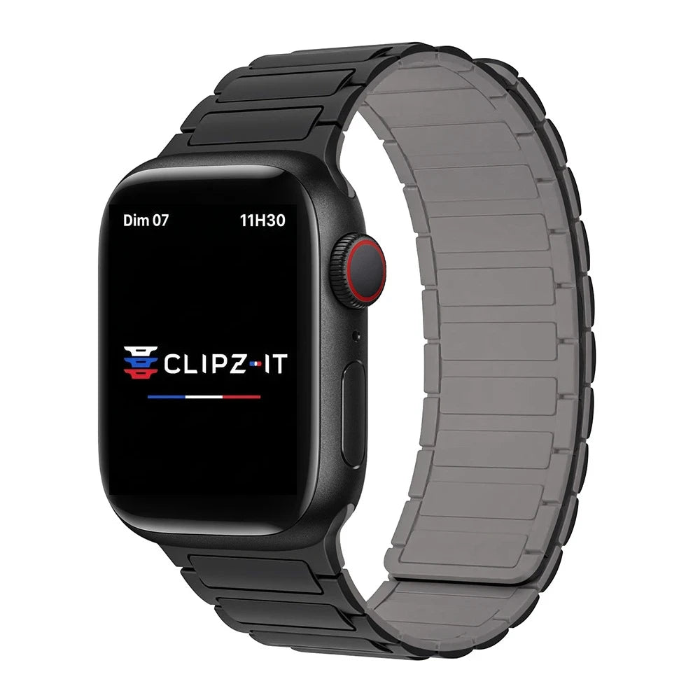 Bracelet Polaris magnétique silicone gris et noir, vue 2 - Apple Watch | Clipz-it
