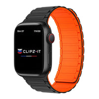 Bracelet Polaris magnétique silicone noir et orange, vue 3 - Apple Watch | Clipz-it