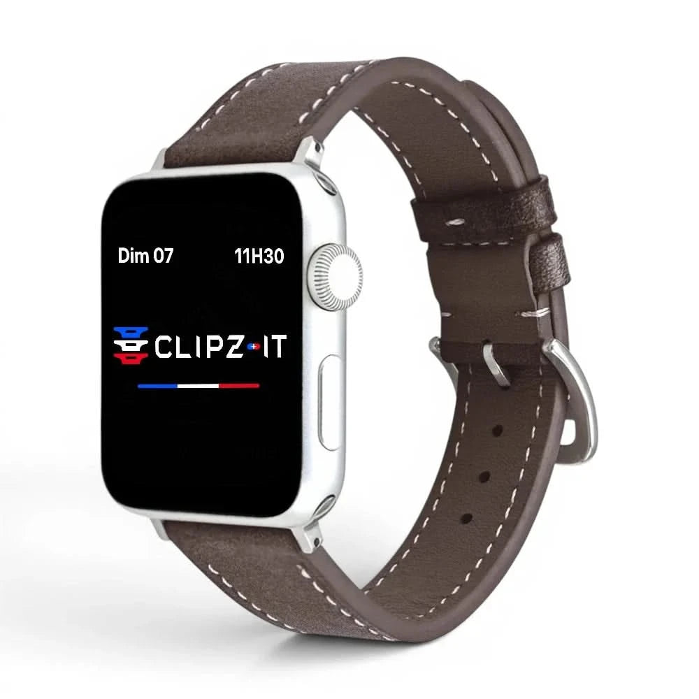 Bracelet Rancher cuir vachette café, vue de face 3 - Apple Watch | Clipz-it