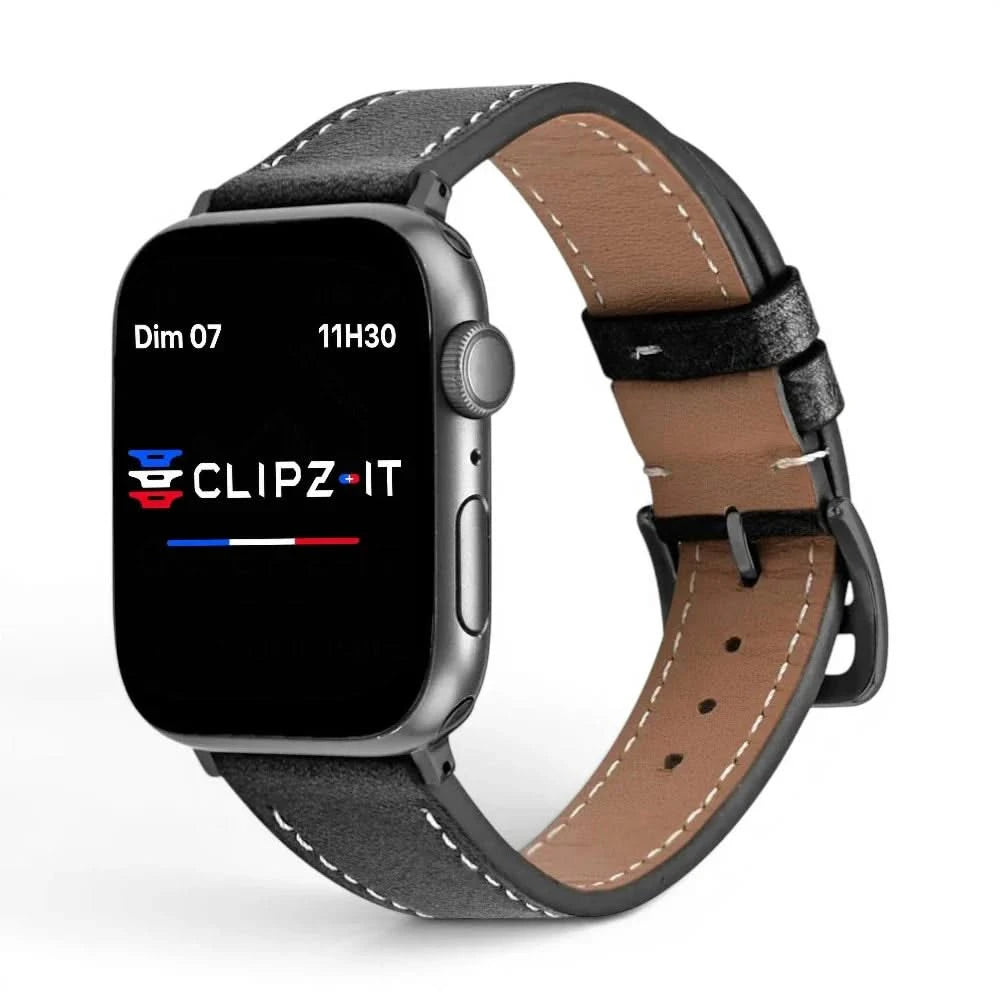 Bracelet Rancher cuir vachette graphite, vue de face 2 - Apple Watch | Clipz-it