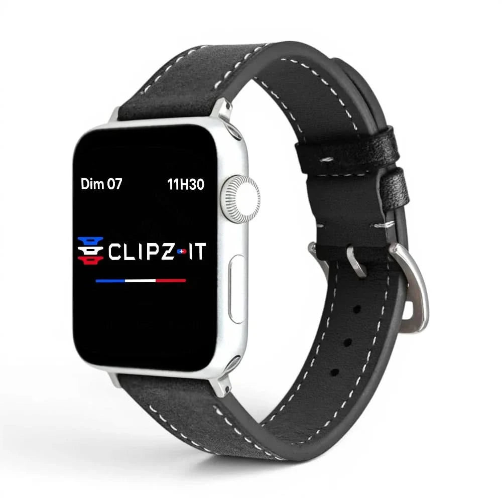 Bracelet Rancher cuir vachette graphite, vue de face 3 - Apple Watch | Clipz-it