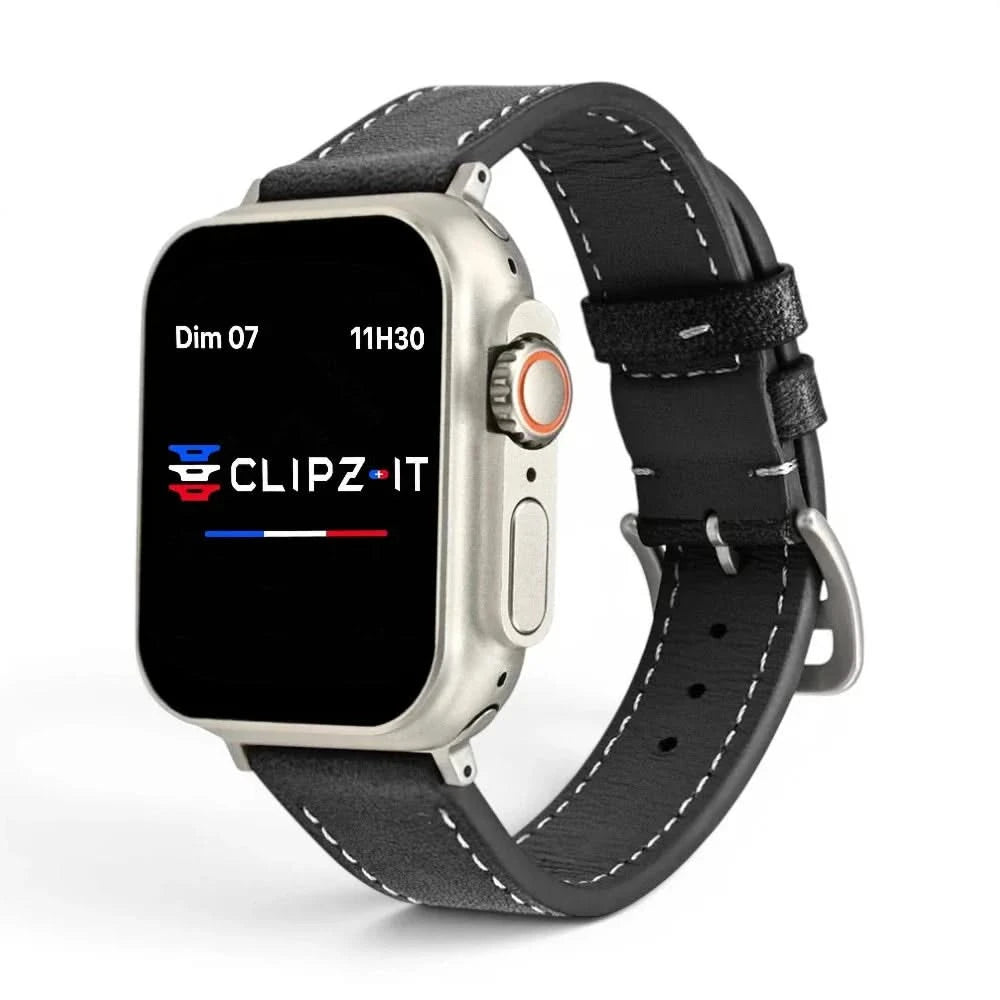 Bracelet Rancher cuir vachette graphite, vue de face - Apple Watch | Clipz-it
