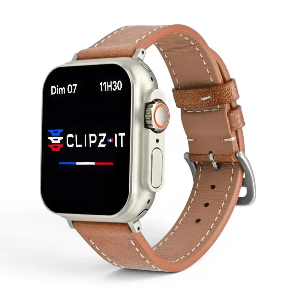 Bracelet Rancher cuir vachette marron, vue de face - Apple Watch | Clipz-it