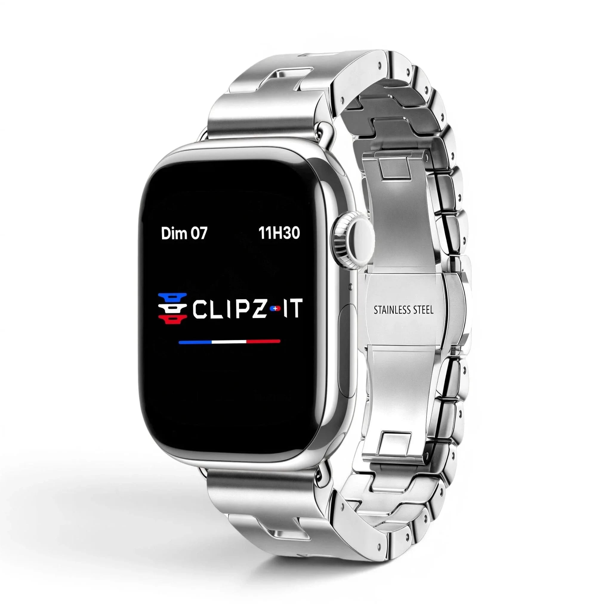 Bracelet Régent acier classique argent, vue de face - Apple Watch | Clipz-it
