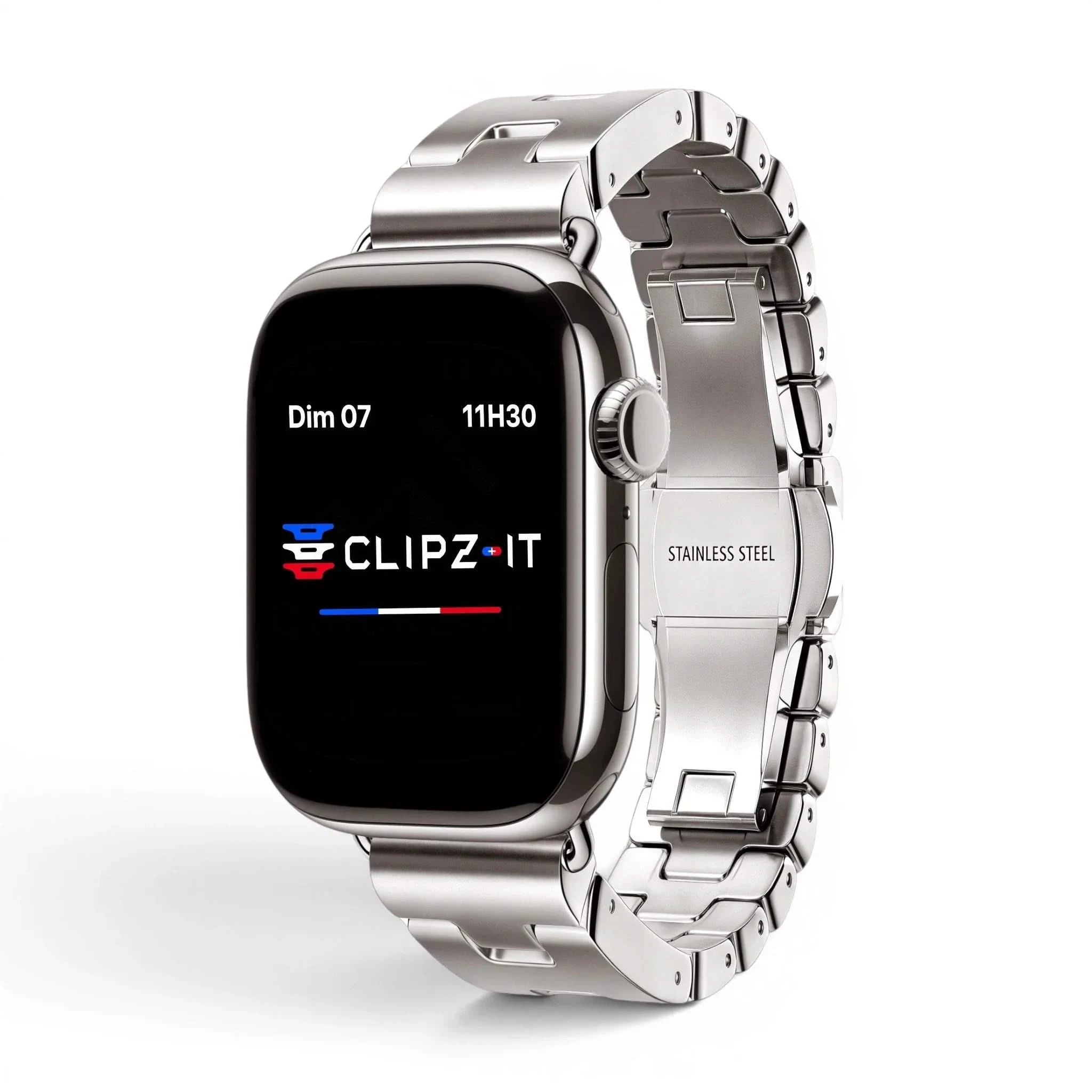 Bracelet Régent acier classique lumière stellaire, vue de face - Apple Watch | Clipz-it