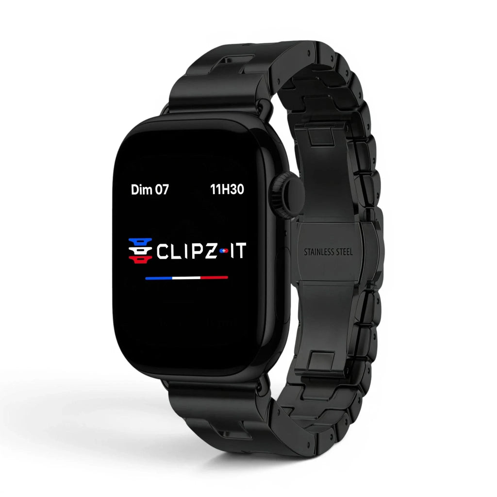 Bracelet Régent acier classique noir, vue de face - Apple Watch | Clipz-it