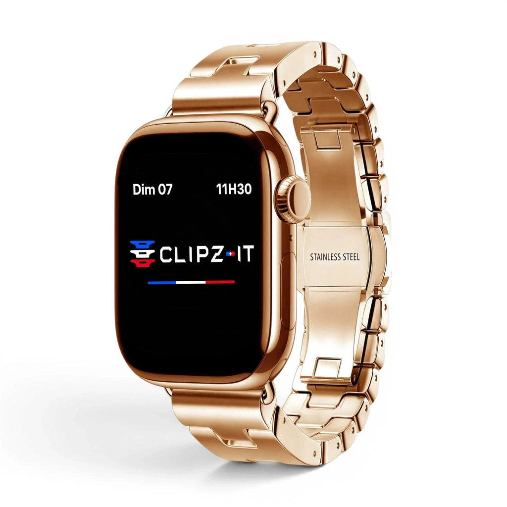 Bracelet Régent acier classique or rosé, vue de face - Apple Watch | Clipz-it