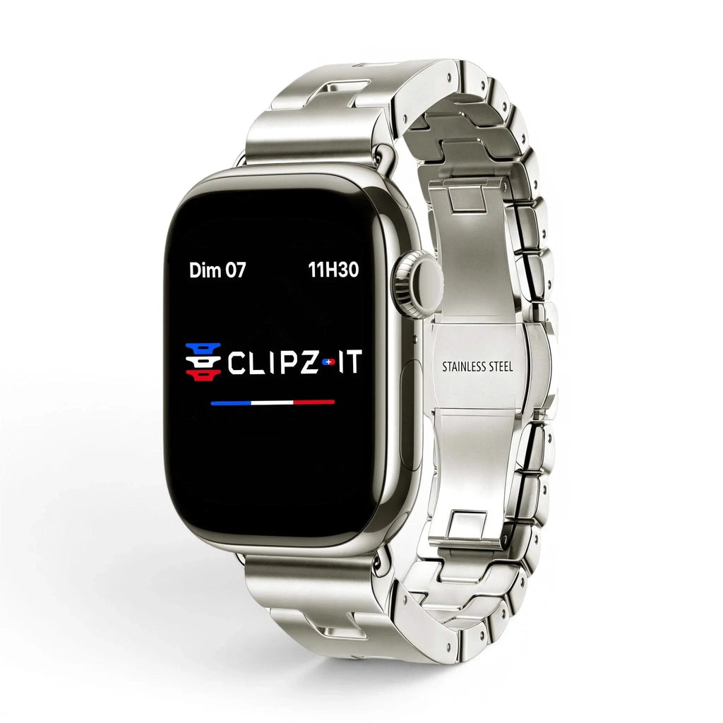 Bracelet Régent acier classique titane, vue de face - Apple Watch | Clipz-it