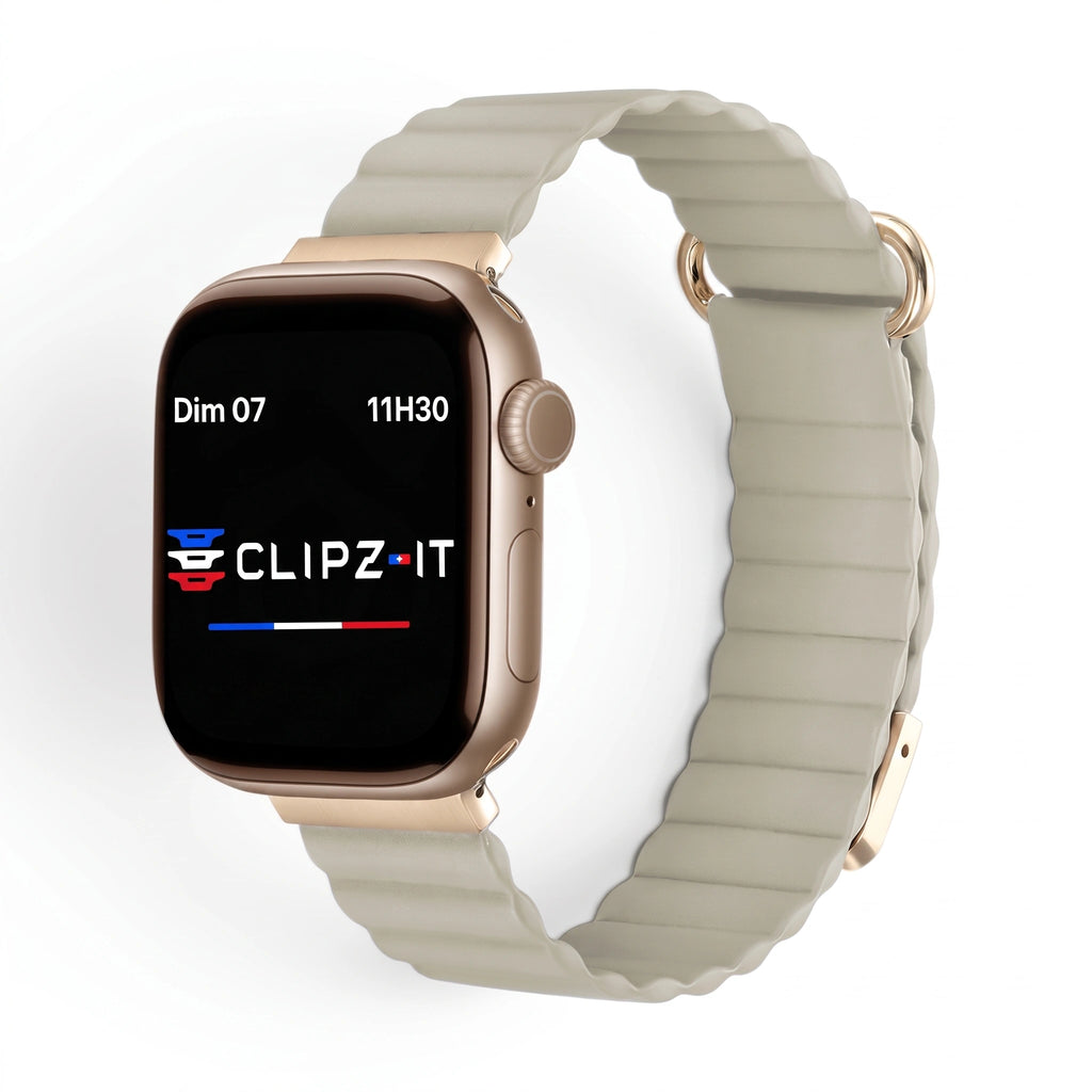 Bracelet Rubis cuir aimanté beige, vue de face - Apple Watch | Clipz-it