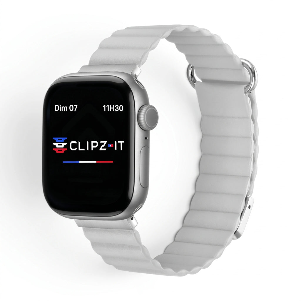 Bracelet Rubis cuir aimanté gris clair, vue de face - Apple Watch | Clipz-it