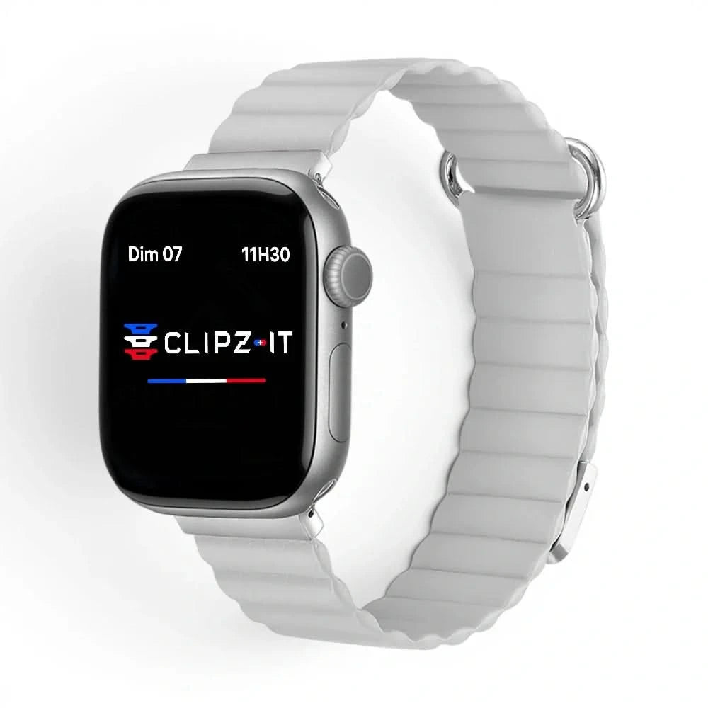 Bracelet Rubis cuir aimanté gris clair, vue de face - Apple Watch | Clipz-it