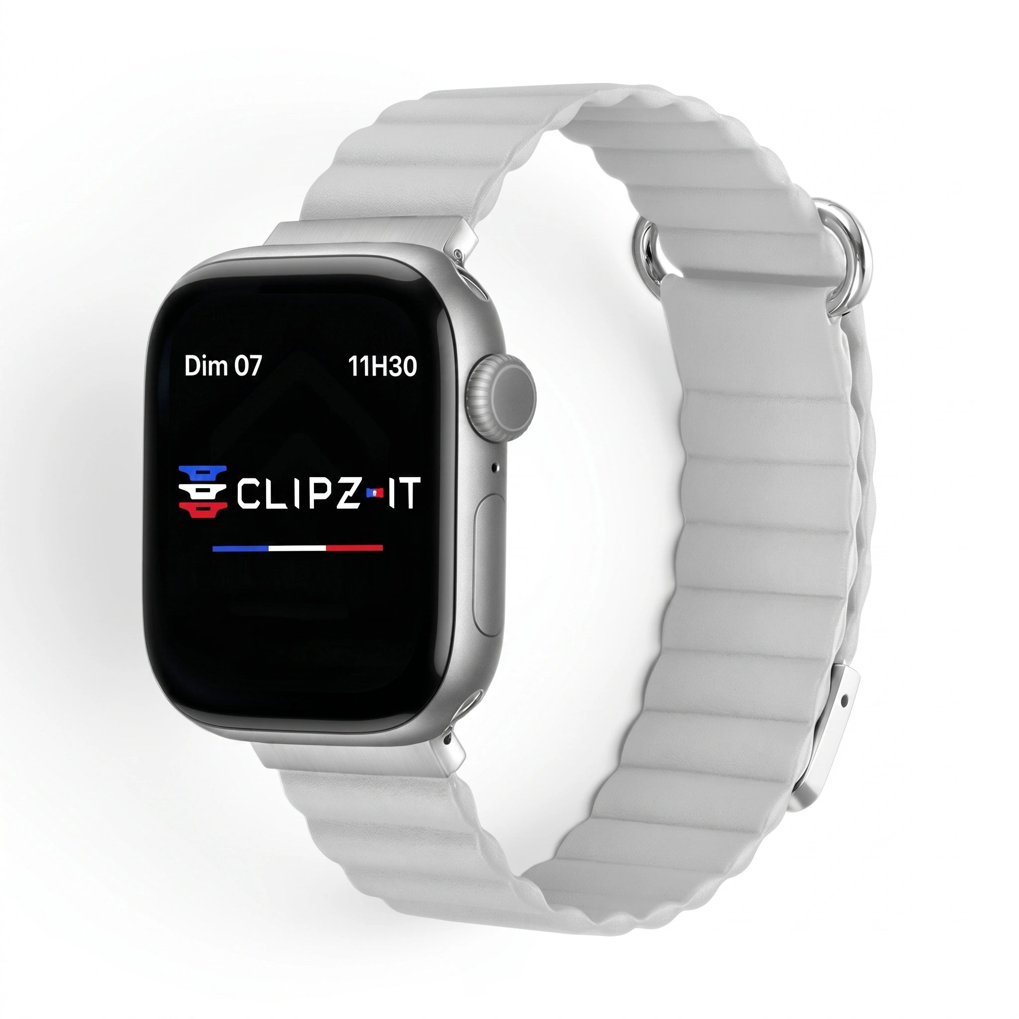 Bracelet Rubis cuir aimanté gris clair, vue de face - Apple Watch | Clipz-it