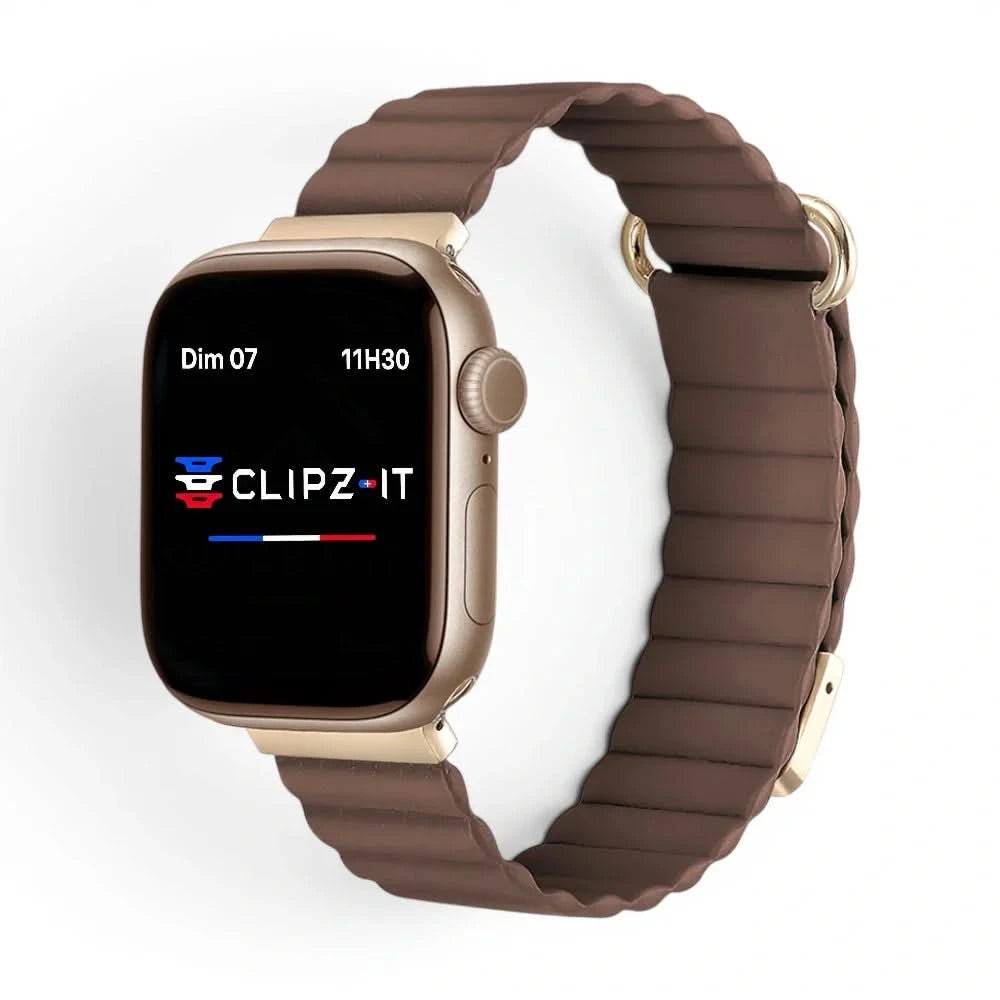 Bracelet Rubis cuir aimanté marron, vue de face - Apple Watch | Clipz-it