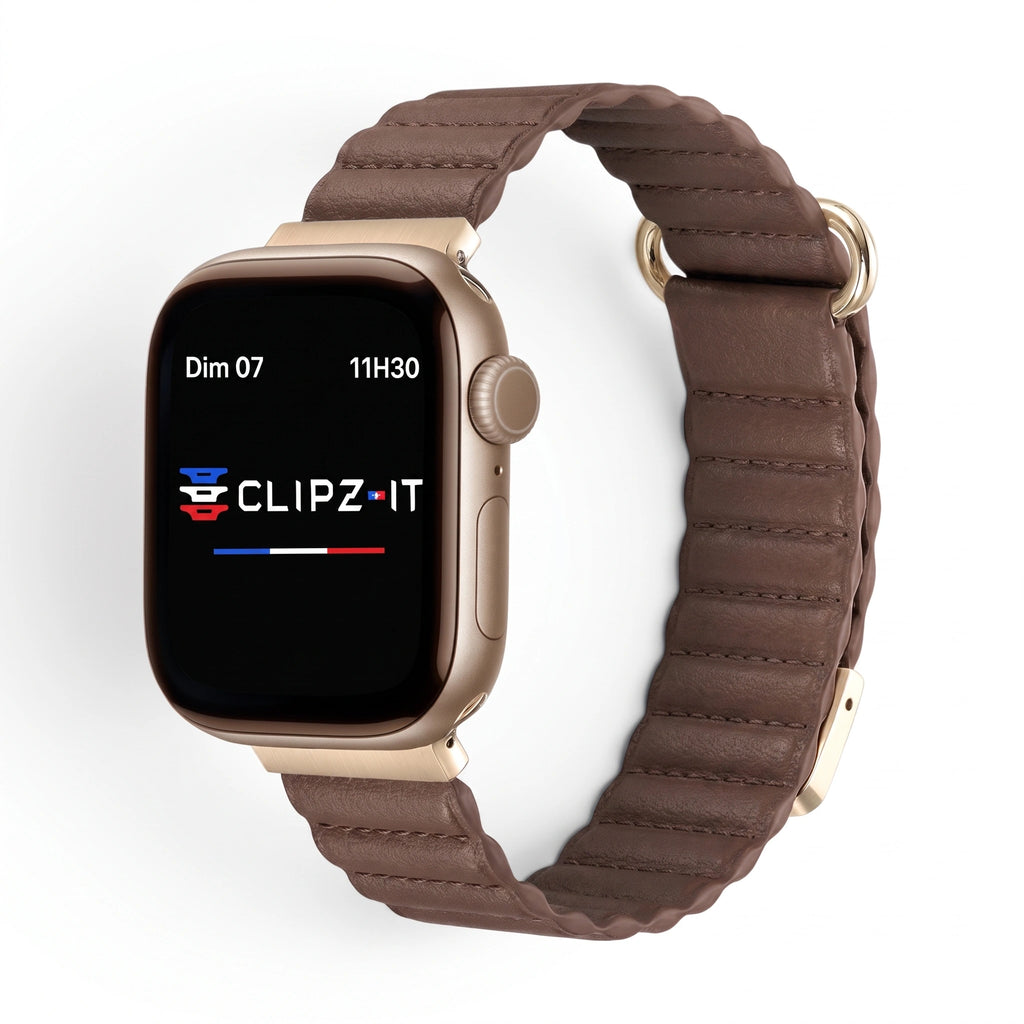 Bracelet Rubis cuir aimanté marron, vue de face - Apple Watch | Clipz-it