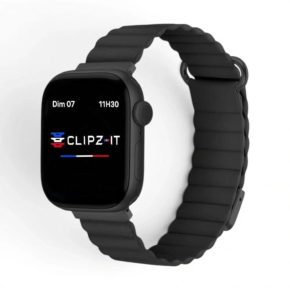 Bracelet Rubis cuir aimanté noir, vue de face - Apple Watch | Clipz-it