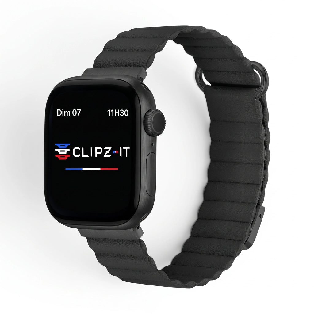 Bracelet Rubis cuir aimanté noir, vue de face - Apple Watch | Clipz-it