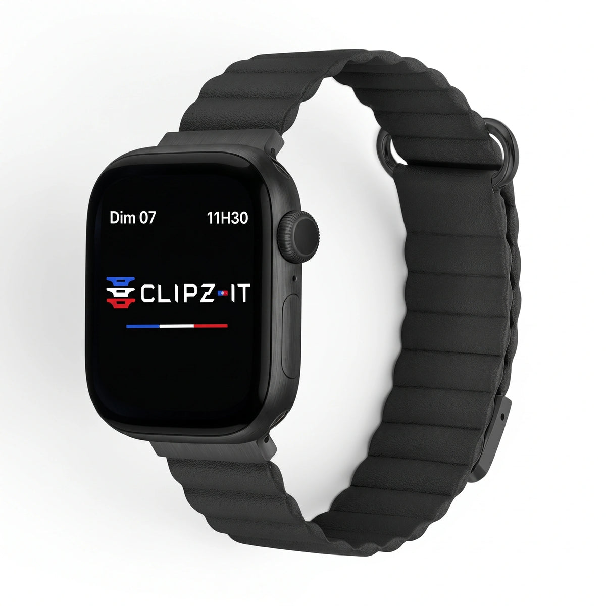 Bracelet Rubis cuir aimanté noir, vue de face - Apple Watch | Clipz-it