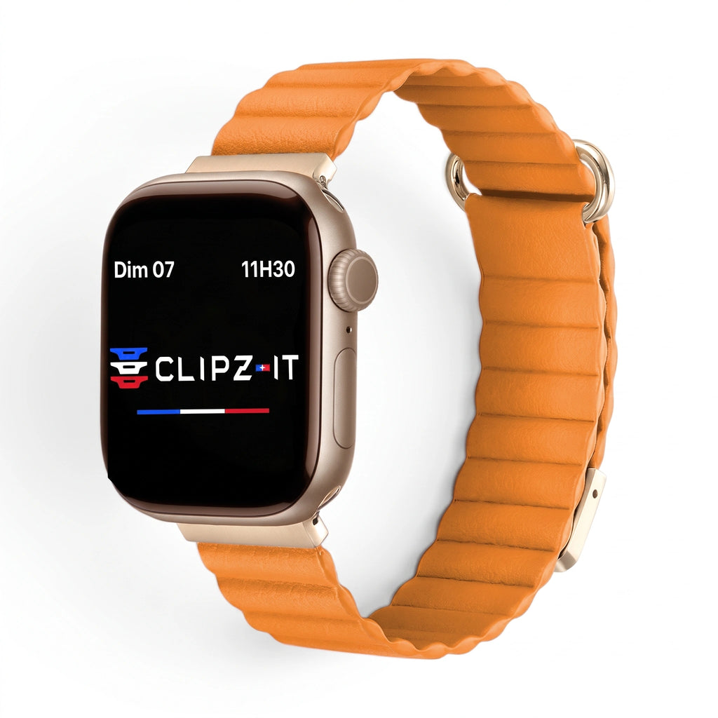 Bracelet Rubis cuir aimanté orange, vue de face - Apple Watch | Clipz-it