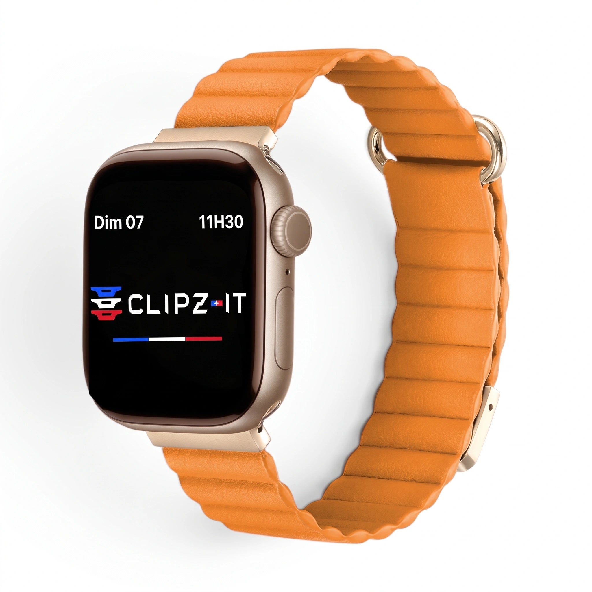 Bracelet Rubis cuir aimanté orange, vue de face - Apple Watch | Clipz-it