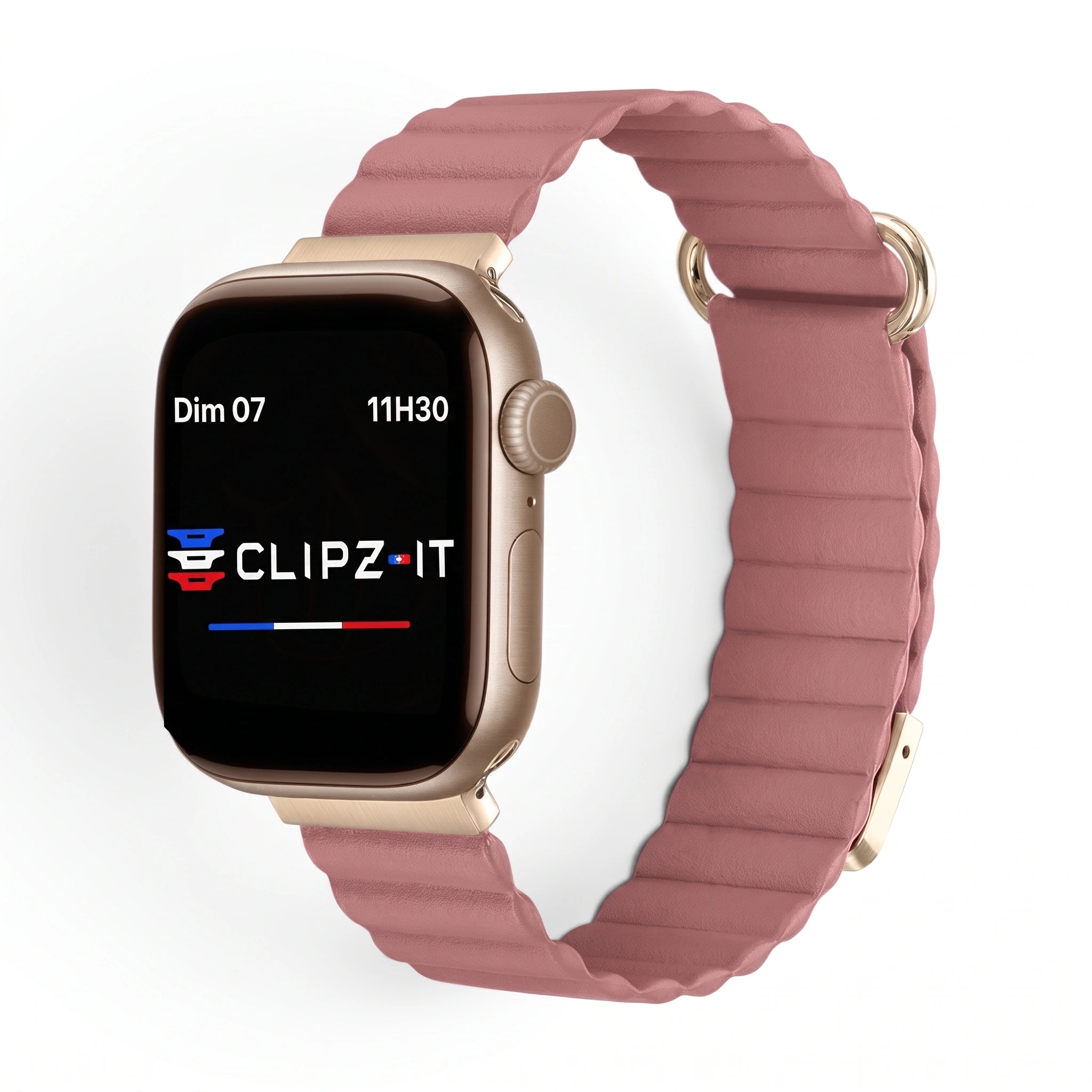 Bracelet Rubis cuir aimanté rose poudré, vue de face - Apple Watch | Clipz-it