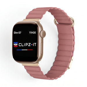 Bracelet Rubis cuir aimanté rose poudré, vue de face - Apple Watch | Clipz-it