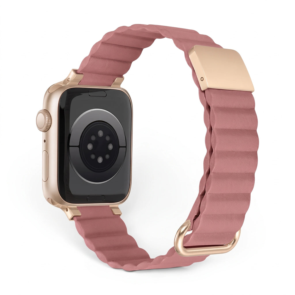 Bracelet Rubis cuir aimanté rose poudré, vue 2 - Apple Watch | Clipz-it