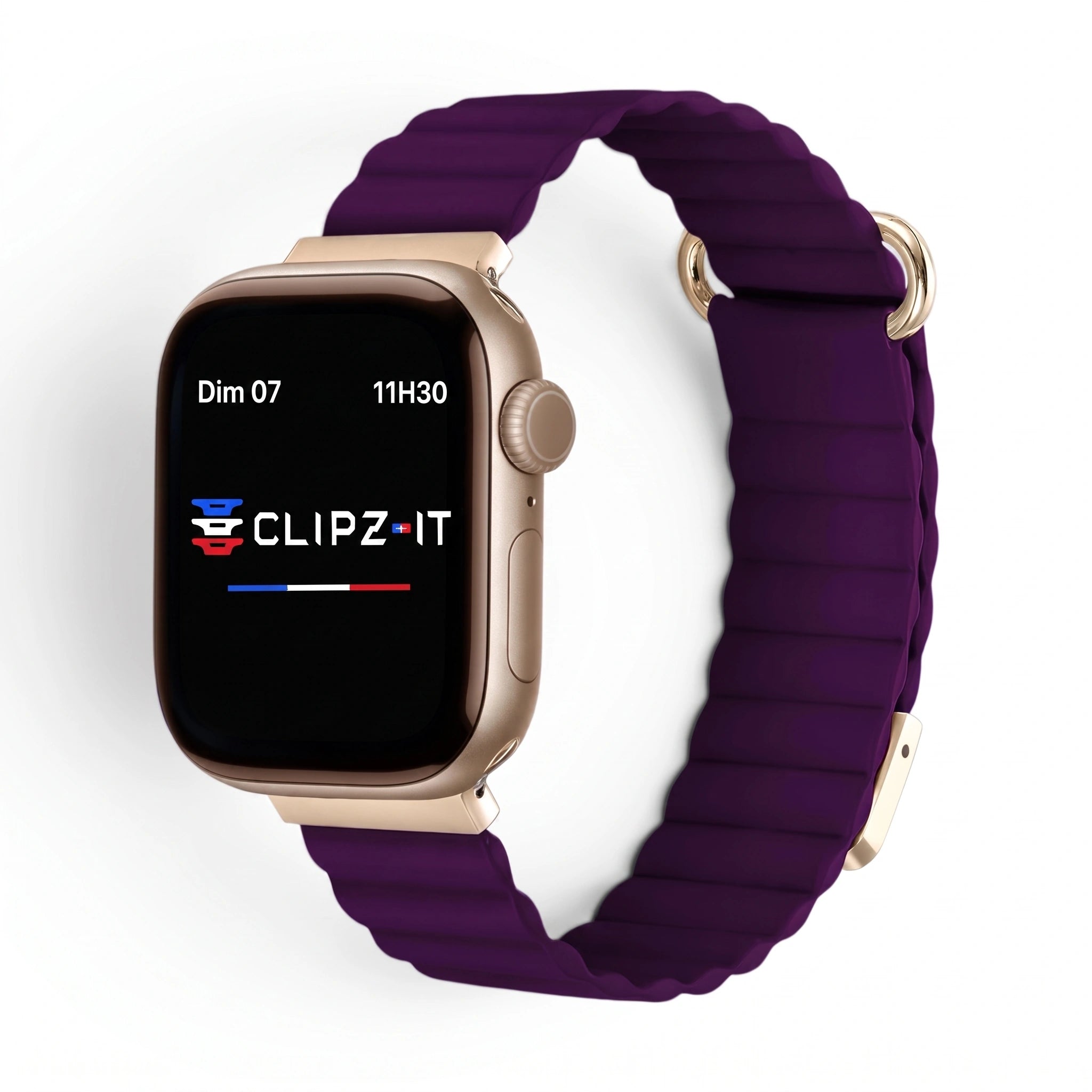 Bracelet Rubis cuir aimanté violet, vue de face - Apple Watch | Clipz-it