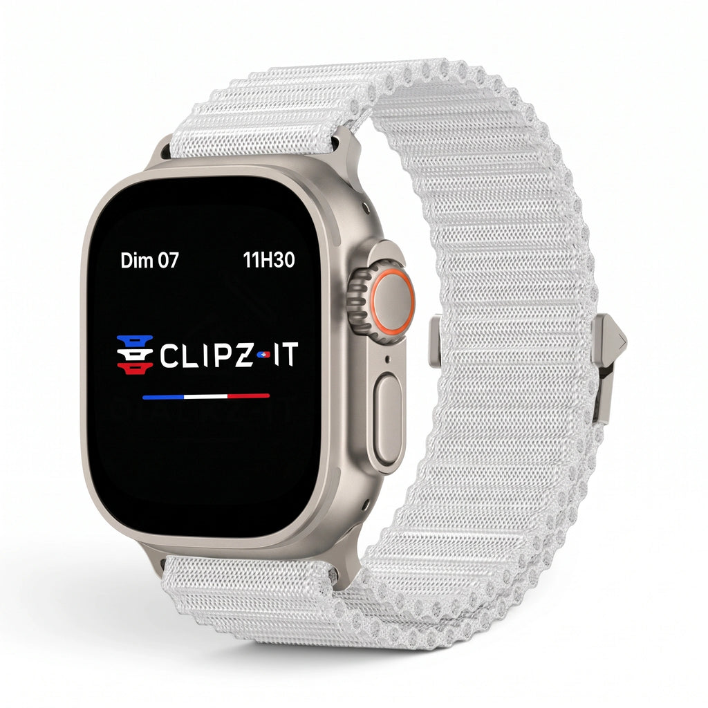 Bracelet Runner nylon sportif gris, vue de face 2 - Apple Watch | Clipz-it