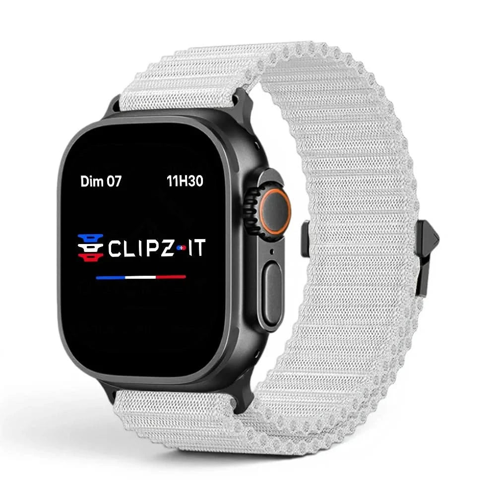 Bracelet Runner nylon sportif gris, vue de face - Apple Watch | Clipz-it