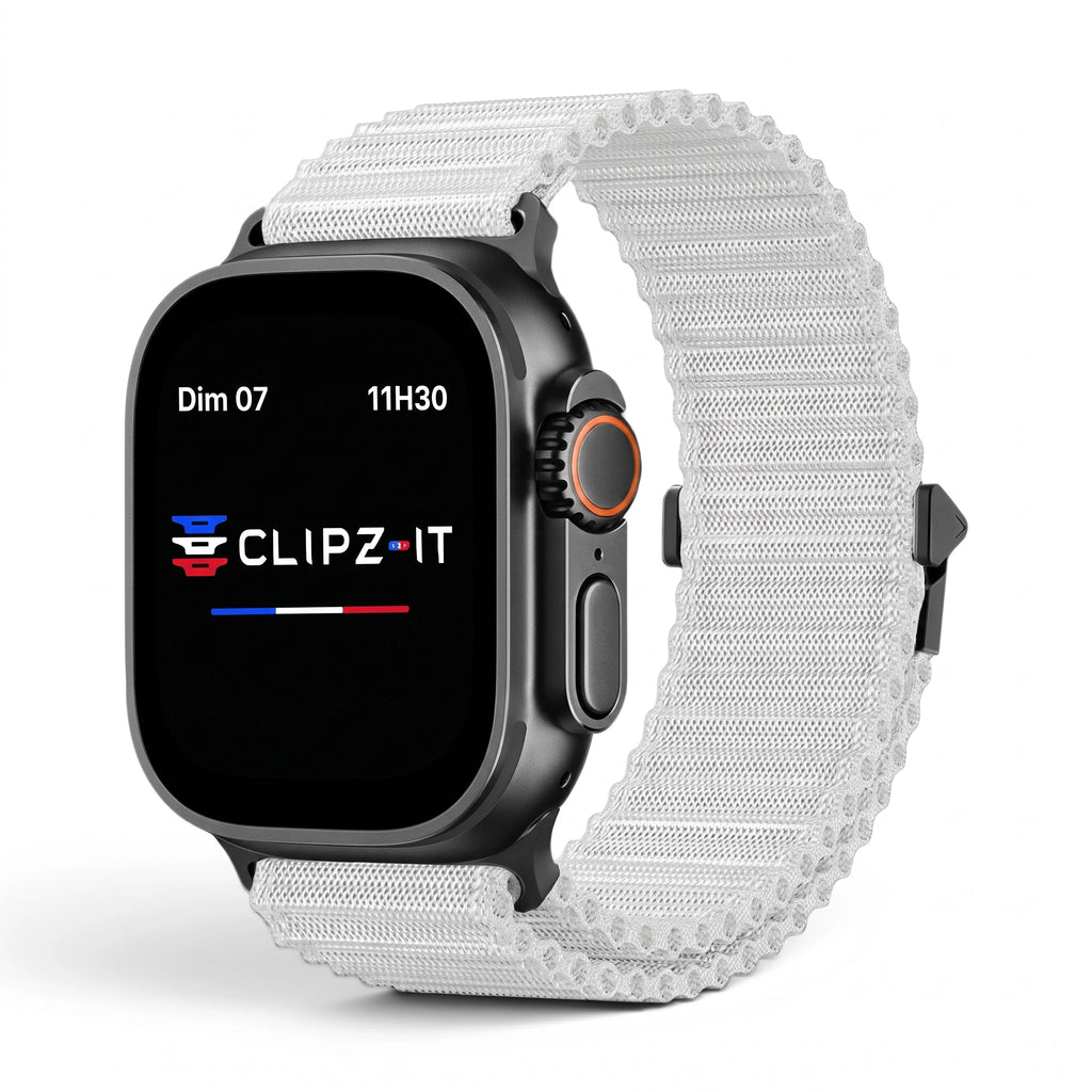 Bracelet Runner nylon sportif gris, vue de face - Apple Watch | Clipz-it