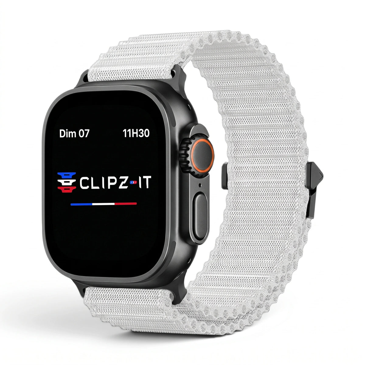 Bracelet Runner nylon sportif gris, vue de face - Apple Watch | Clipz-it