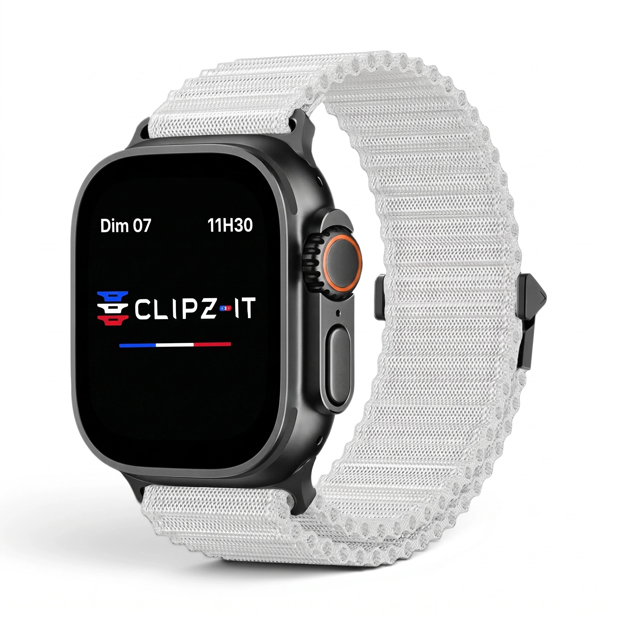 Bracelet Runner nylon sportif gris, vue de face - Apple Watch | Clipz-it
