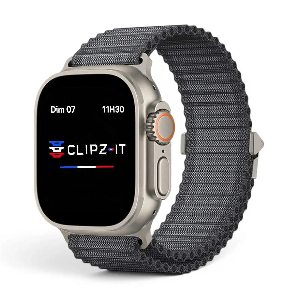 Bracelet Runner nylon sportif noir, vue de face 2 - Apple Watch | Clipz-it