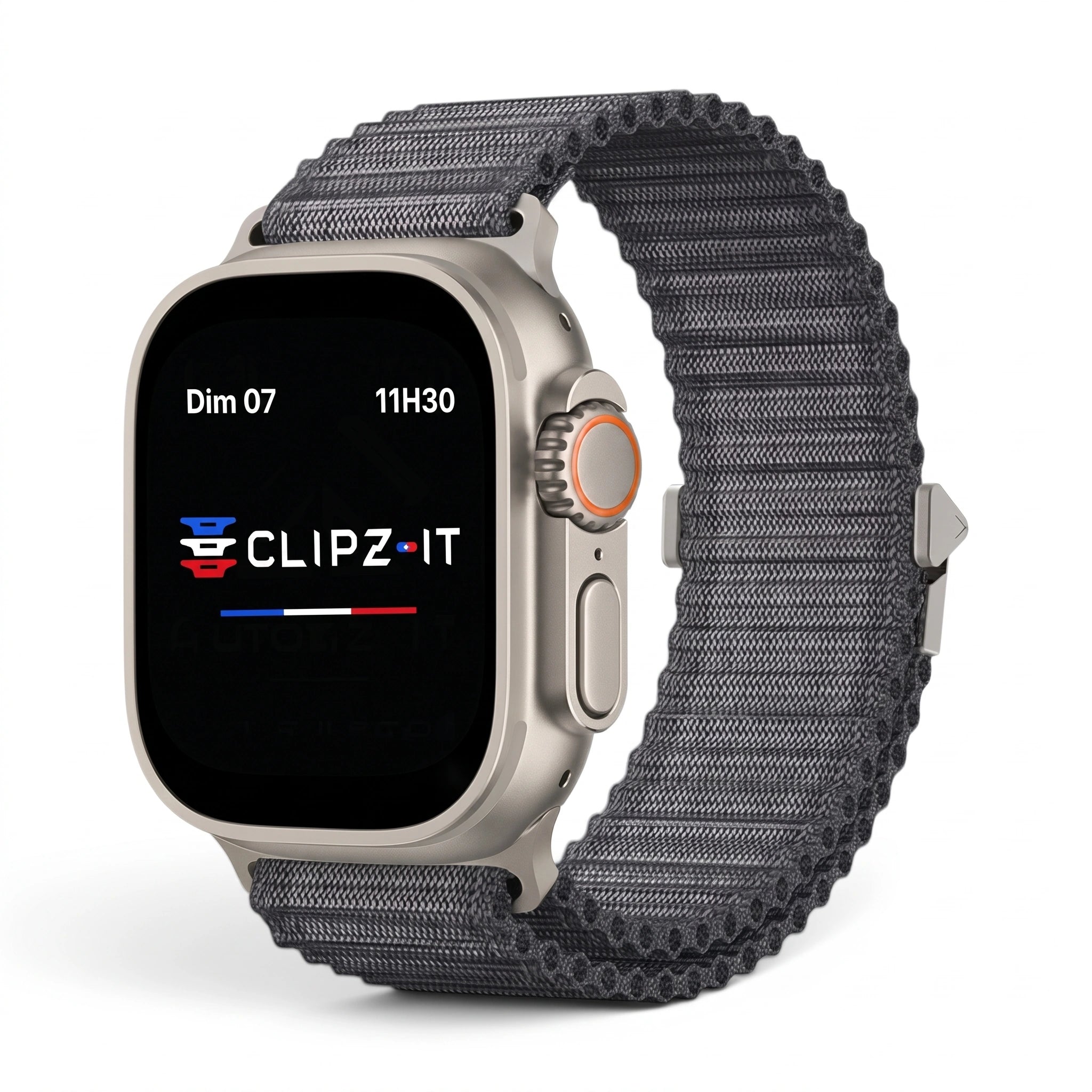 Bracelet Runner nylon sportif noir, vue de face 2 - Apple Watch | Clipz-it