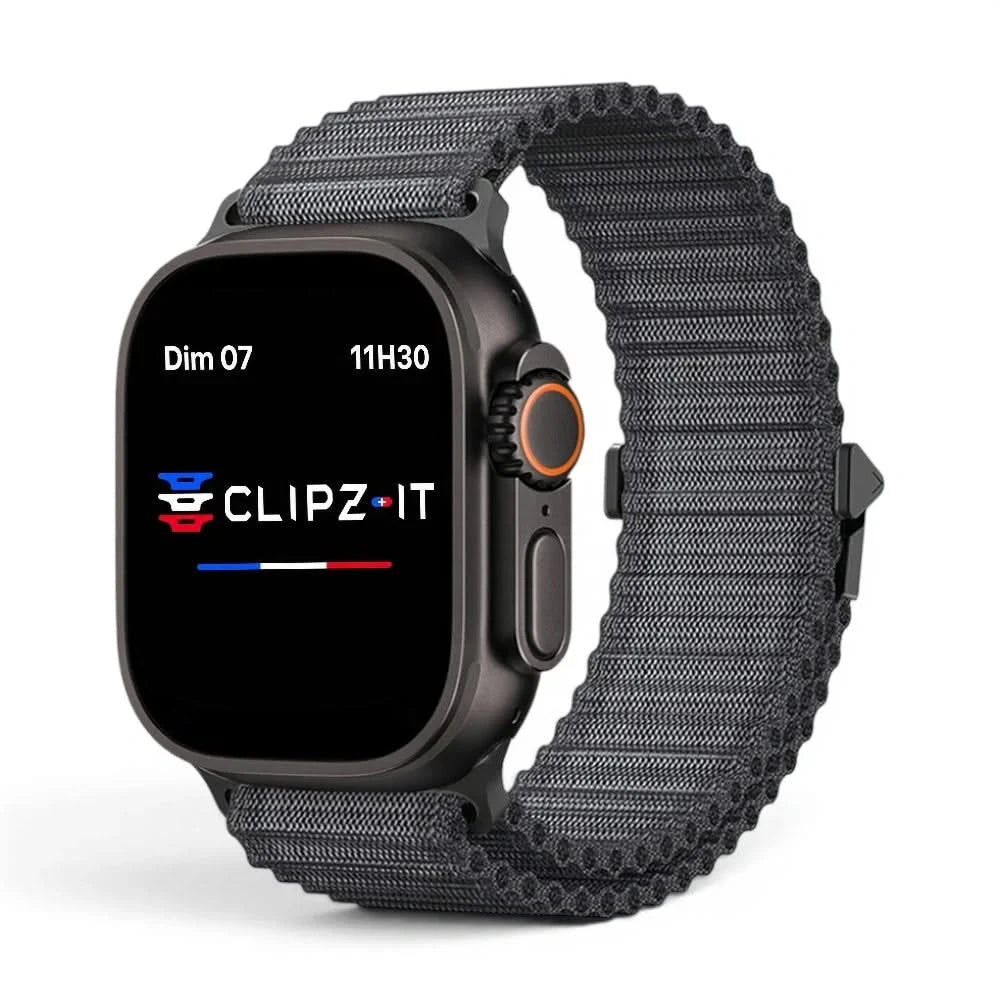 Bracelet Runner nylon sportif noir, vue de face - Apple Watch | Clipz-it