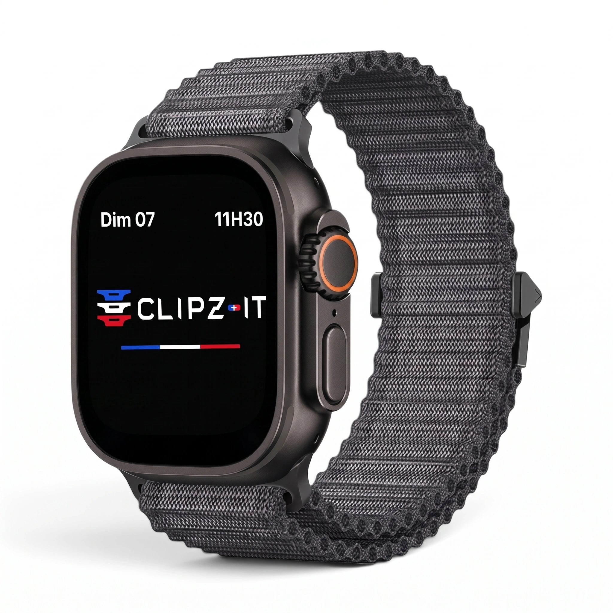 Bracelet Runner nylon sportif noir, vue de face - Apple Watch | Clipz-it