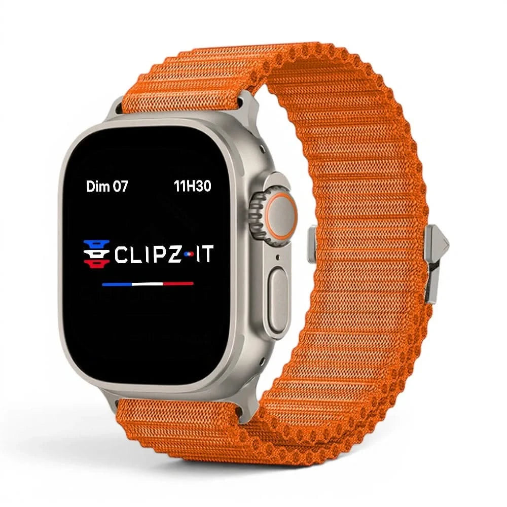 Bracelet Runner nylon sportif orange, vue de face 2 - Apple Watch | Clipz-it