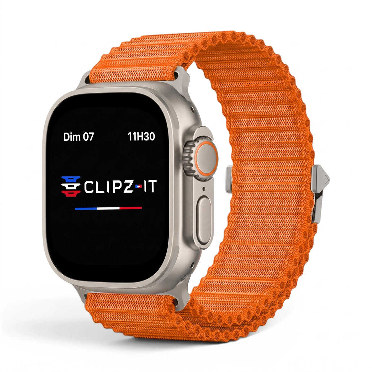 Bracelet Runner nylon sportif orange, vue de face 2 - Apple Watch | Clipz-it