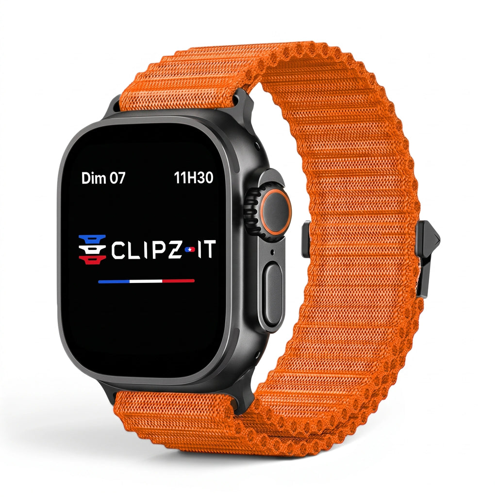 Bracelet Runner nylon sportif orange, vue de face - Apple Watch | Clipz-it