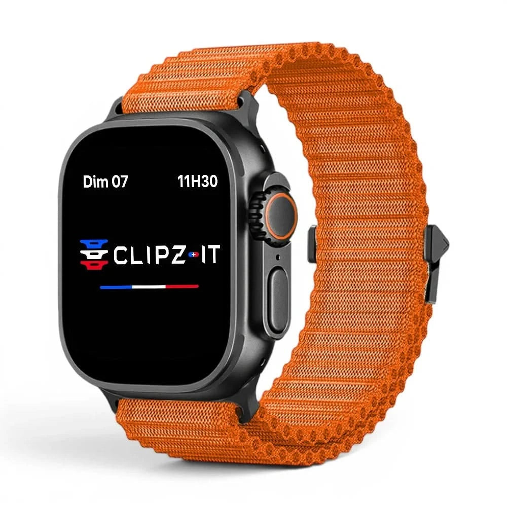 Bracelet Runner nylon sportif orange, vue de face - Apple Watch | Clipz-it