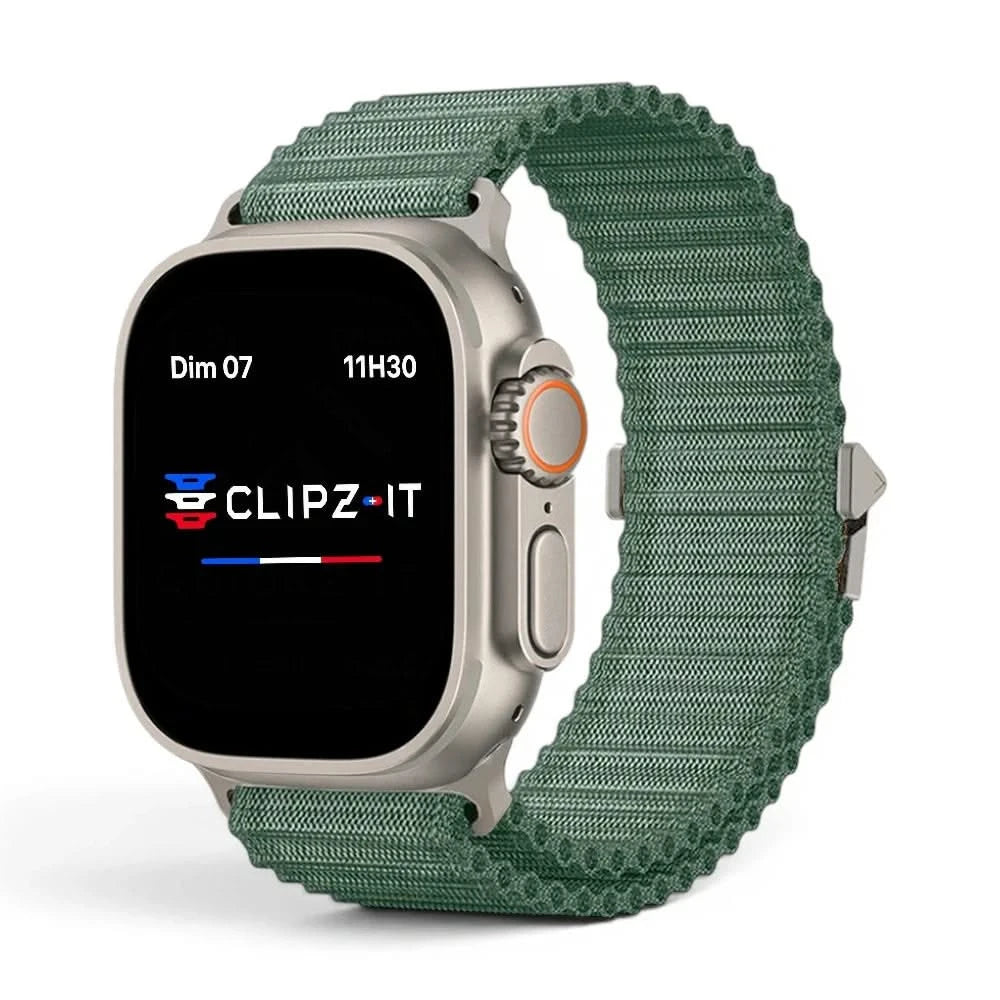 Bracelet Runner nylon sportif vert, vue de face 2 - Apple Watch | Clipz-it