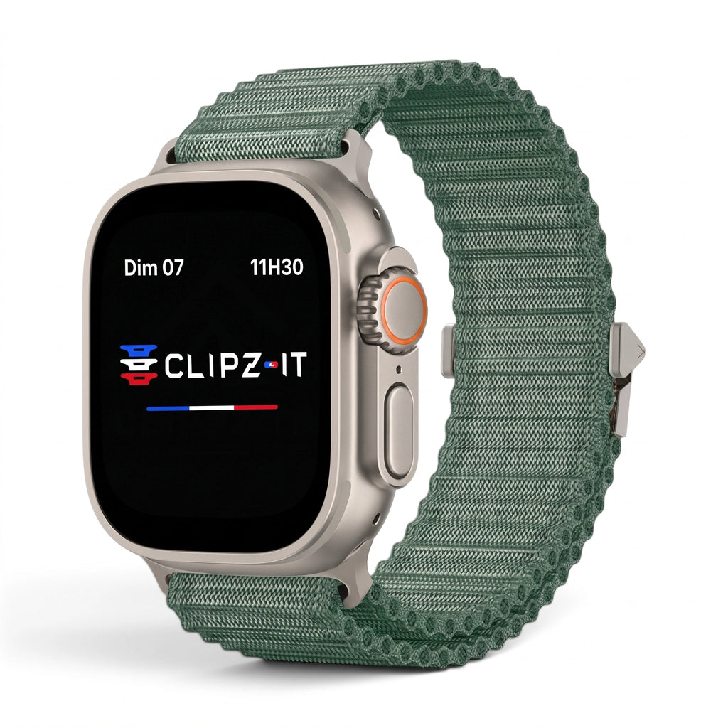 Bracelet Runner nylon sportif vert, vue de face 2 - Apple Watch | Clipz-it