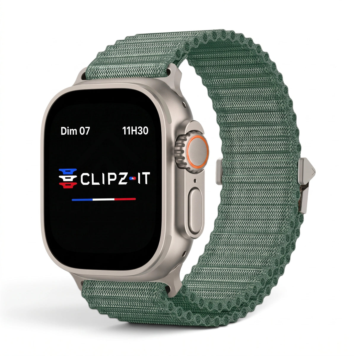 Bracelet Runner nylon sportif vert, vue de face 2 - Apple Watch | Clipz-it