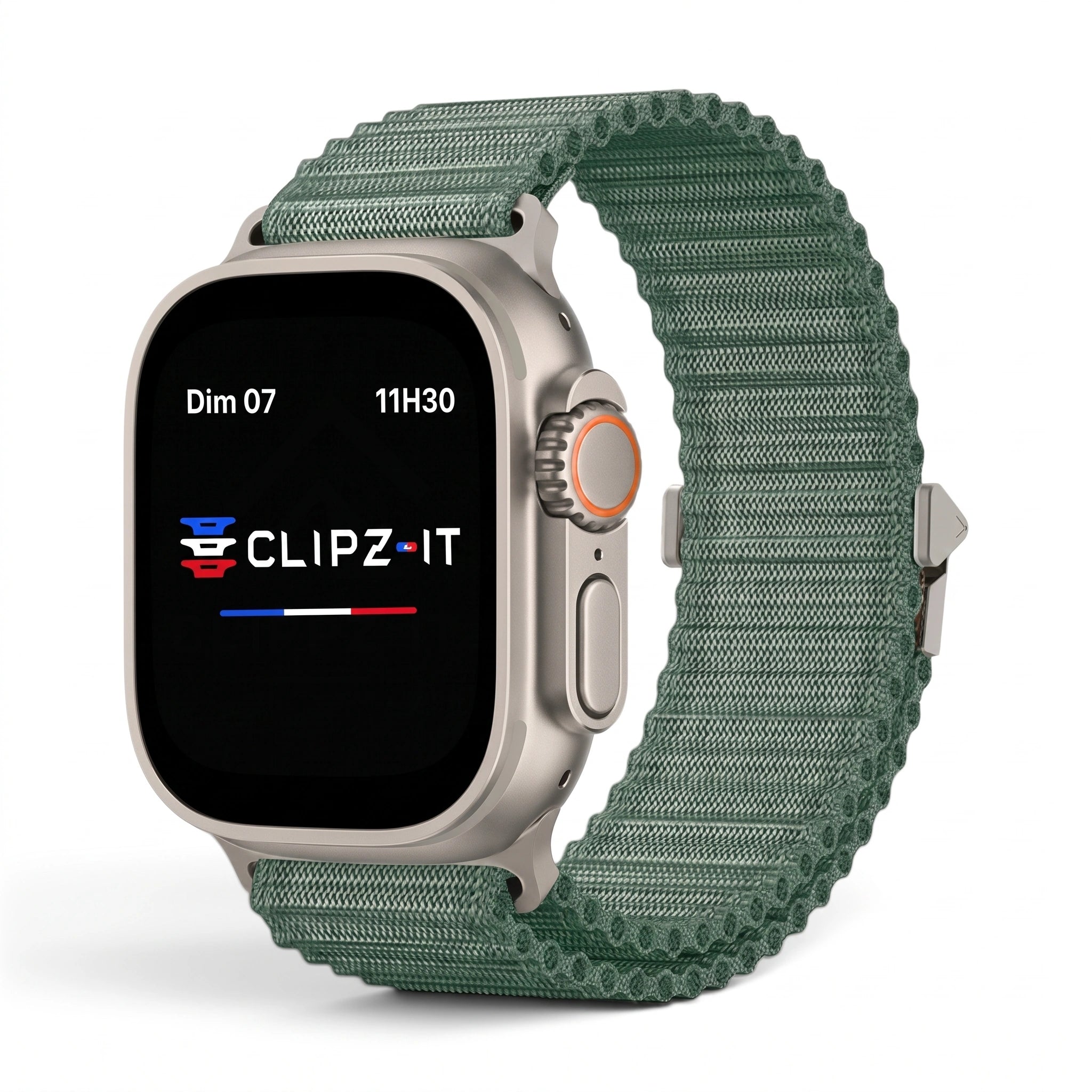 Bracelet Runner nylon sportif vert, vue de face 2 - Apple Watch | Clipz-it
