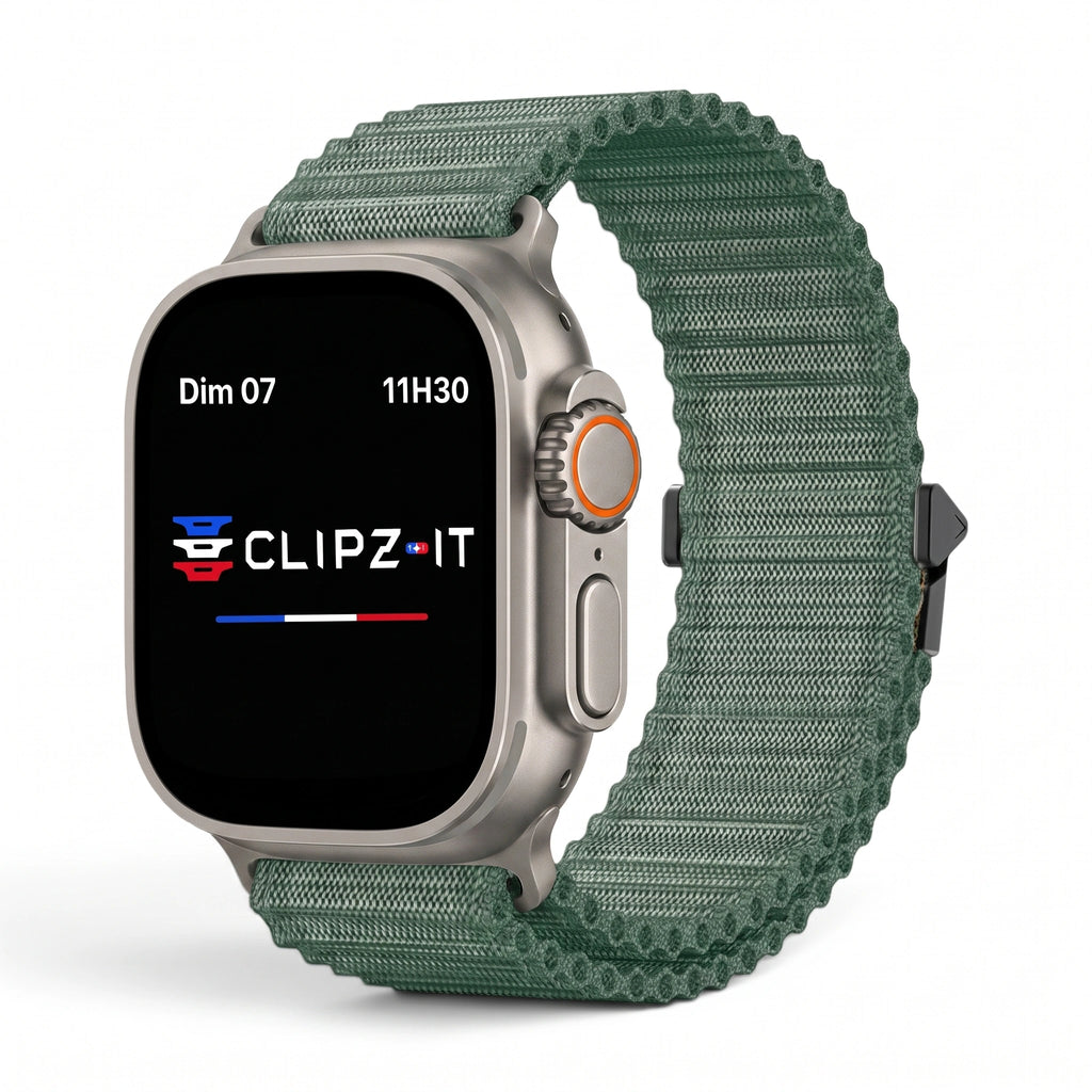 Bracelet Runner nylon sportif vert, vue de face - Apple Watch | Clipz-it