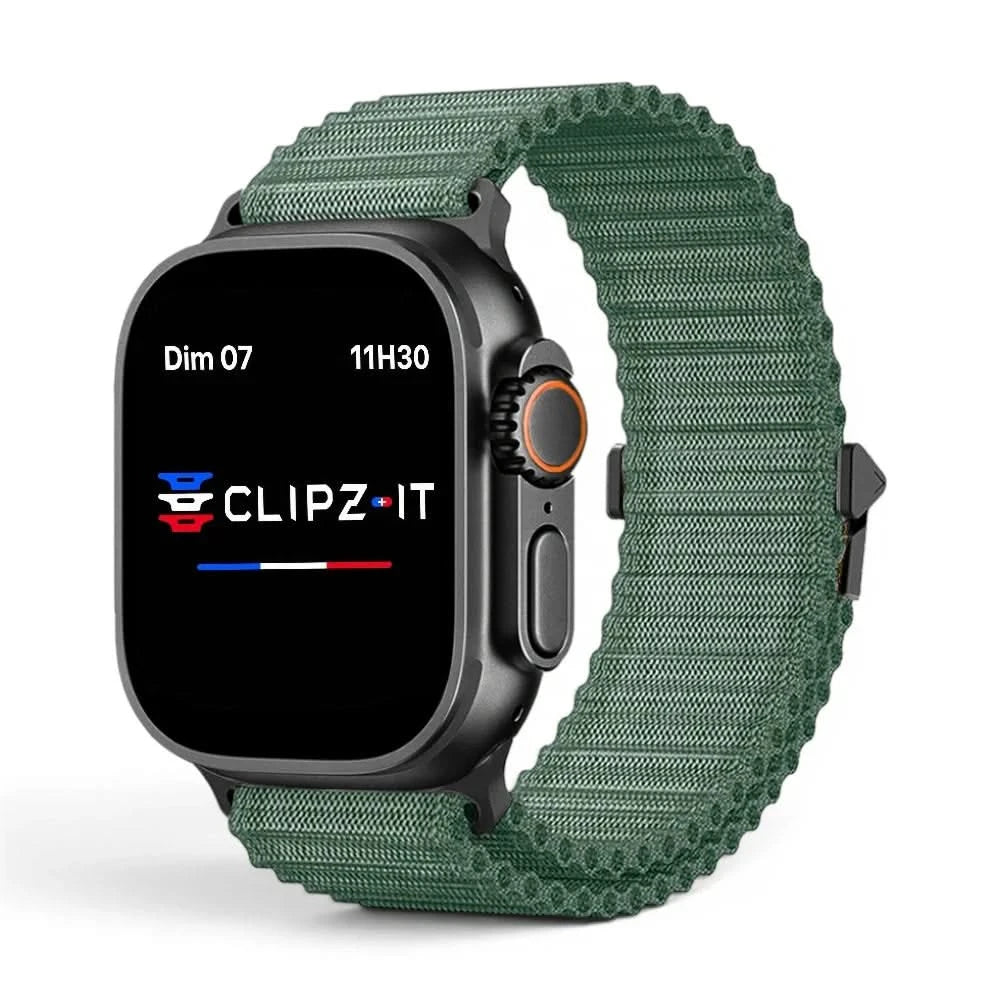 Bracelet Runner nylon sportif vert, vue de face - Apple Watch | Clipz-it