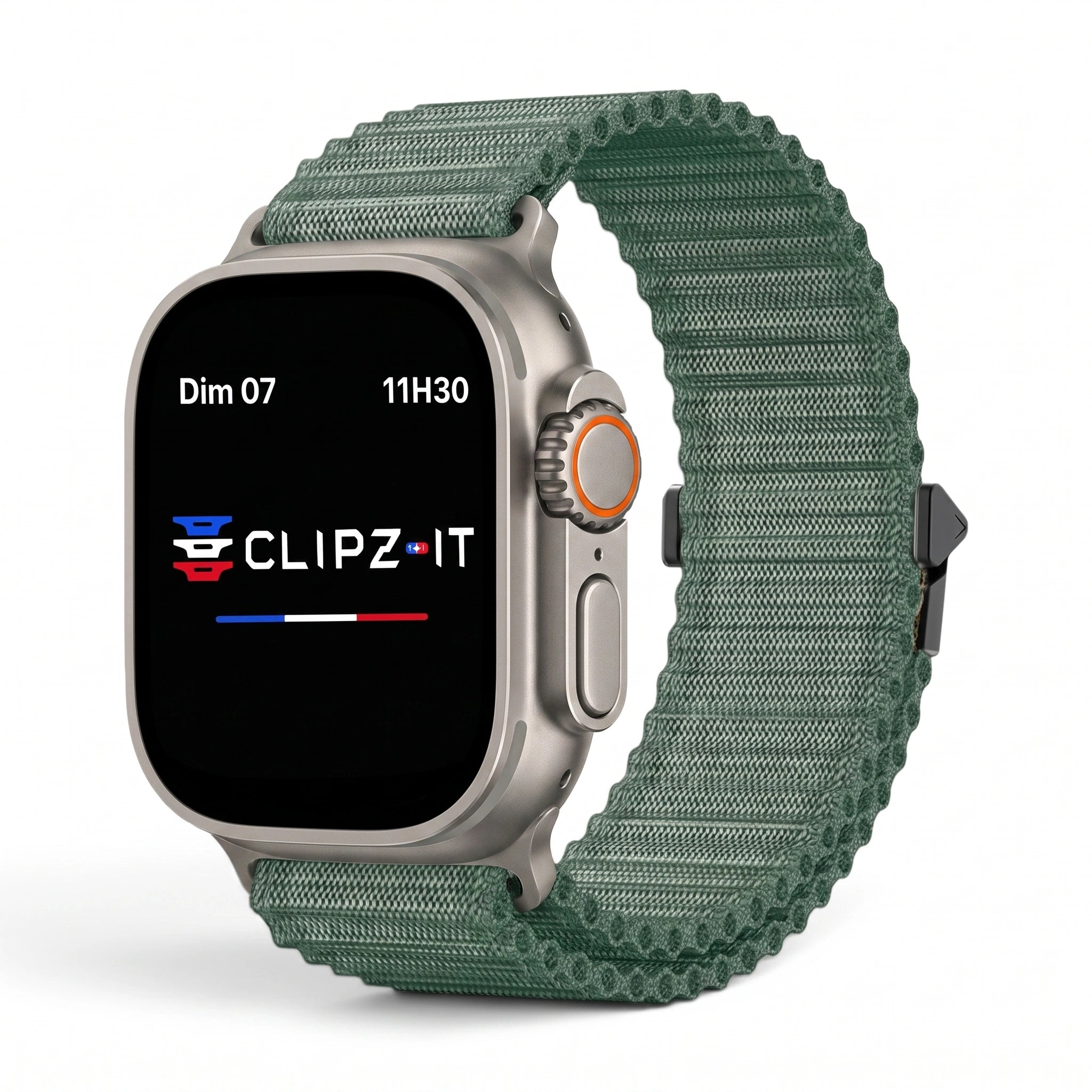 Bracelet Runner nylon sportif vert, vue de face - Apple Watch | Clipz-it