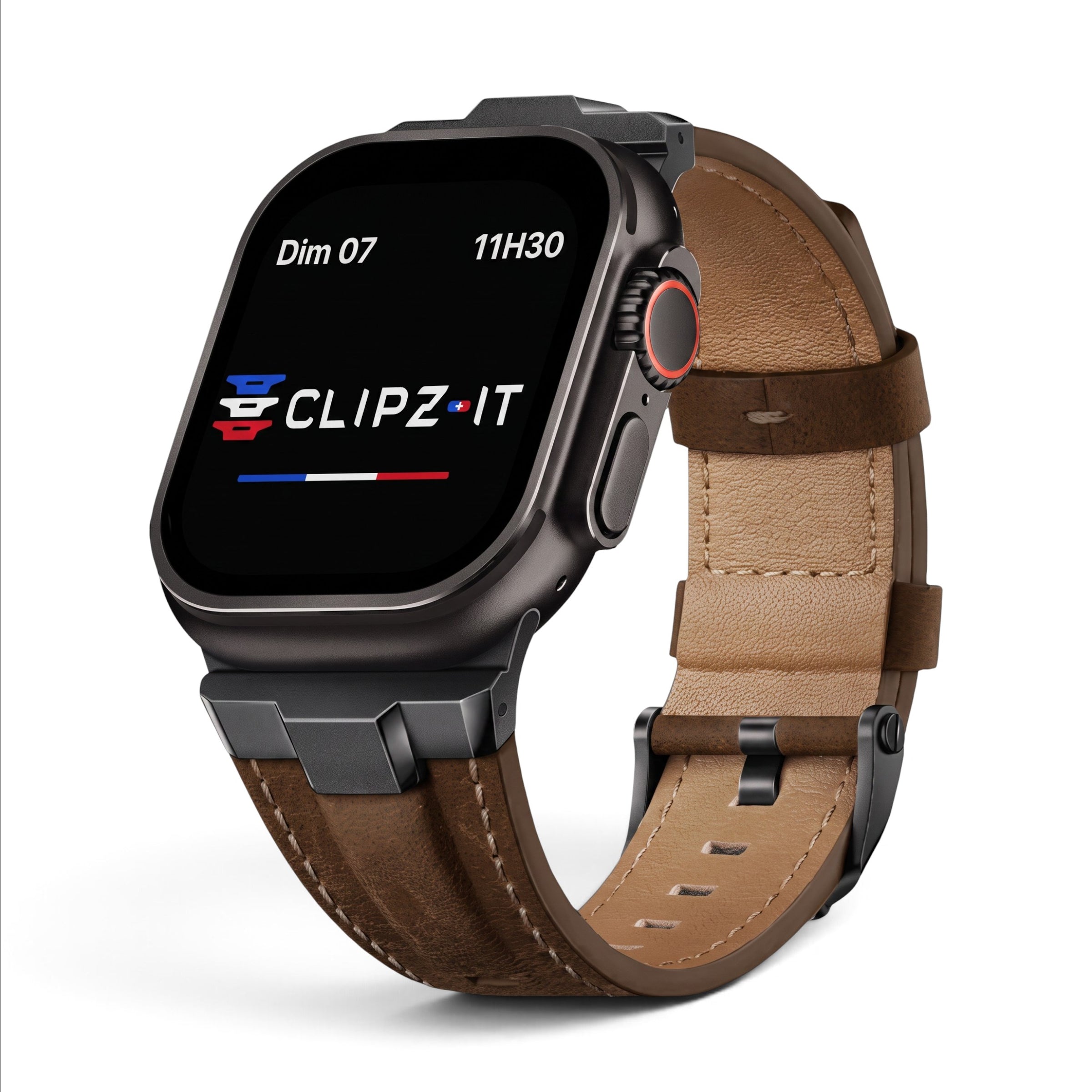 Bracelet Saga cuir & titane café, vue de face 2 - Apple Watch | Clipz-it