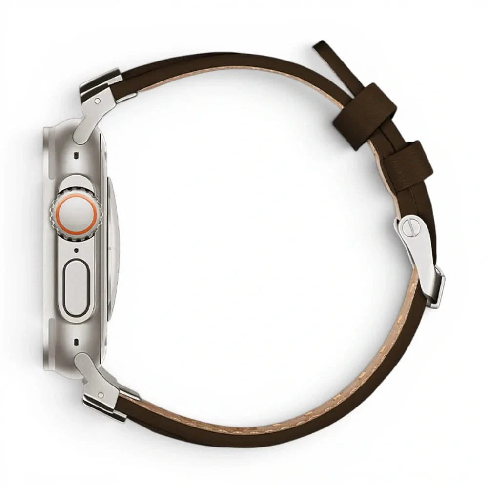 Bracelet Saga cuir & titane café, vue de profil - Apple Watch | Clipz-it