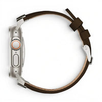 Bracelet Saga cuir & titane café, vue de profil - Apple Watch | Clipz-it